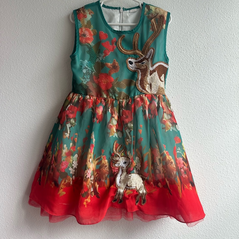 Floral Deer Embroidered Kids Dress - Green and Red